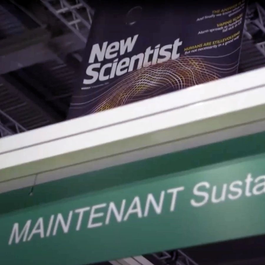 Image for the Who We Work section of the landing page. Maintenant Sustaining Now banner at the New Scientist Live event.